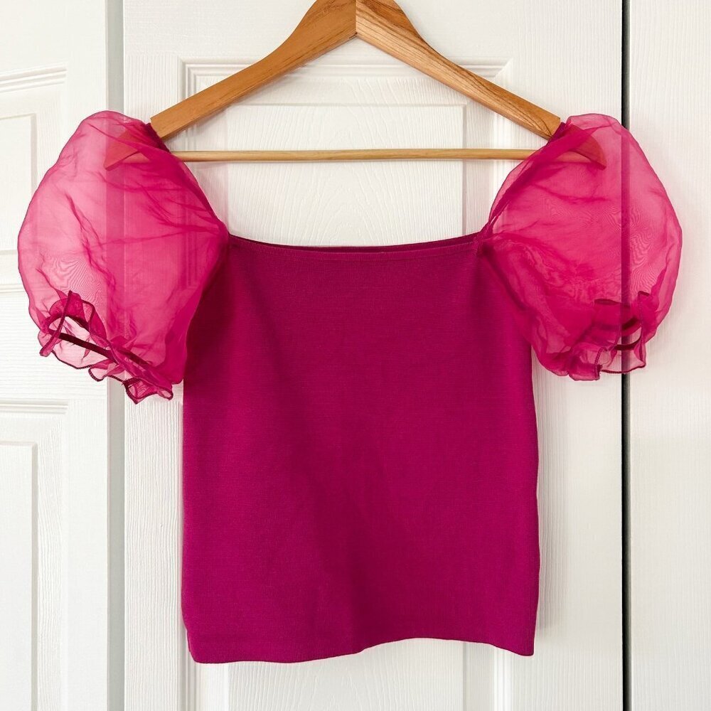 House of Harlow 1960 Pink Puff Sleeve Organza Knit Top XS Square Neck Romantic